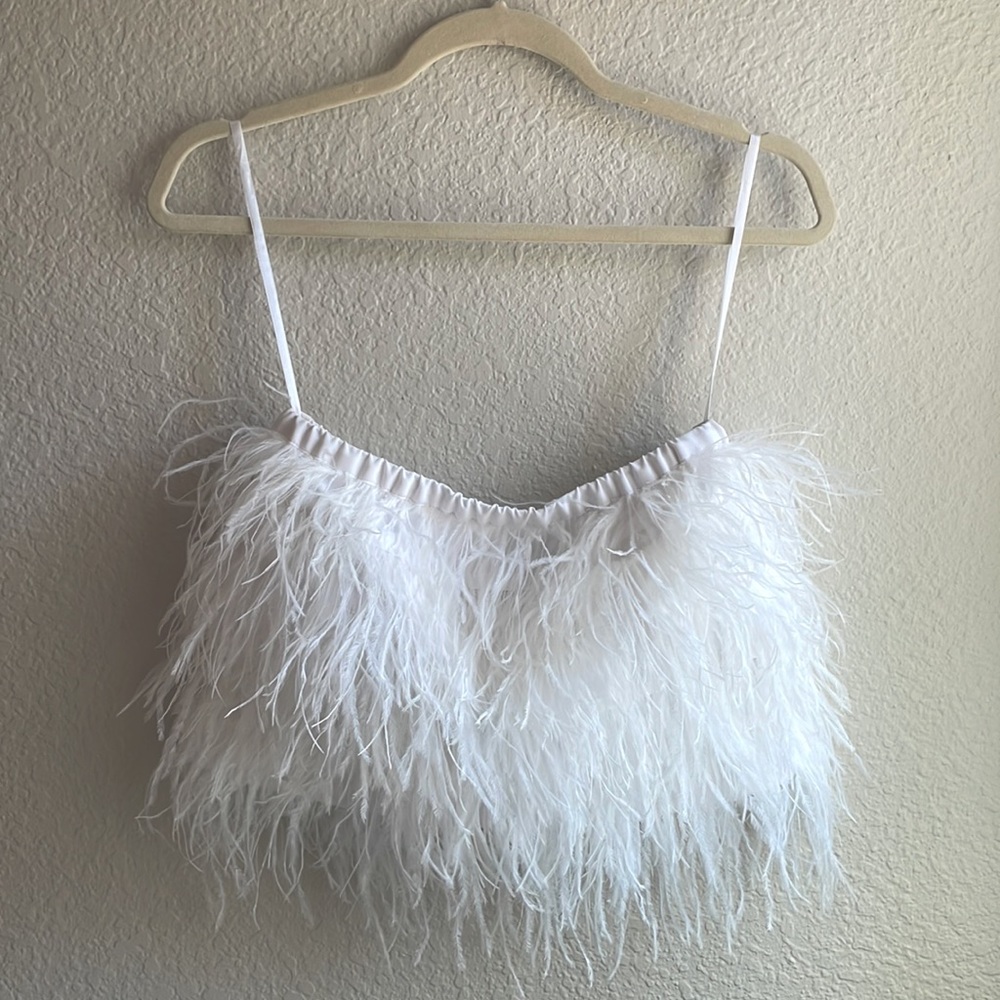 White ostrich feather tube crop top